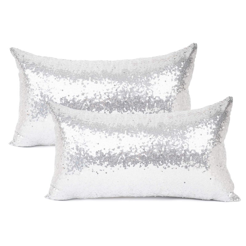 YOUR SMILE Pack of 2,YOUR SMILE New Luxury Series Silver Decorative Glitzy Sequin & Comfy Satin Solid Throw Pillow Cover Cushion Case for Wedding/Christmas,12" x 20" - Image 1